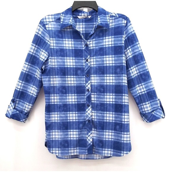 NYCARD Shirt Women's PM Blue Plaid Long Sleeve Roll Tab Button Up Top - Picture 1 of 10